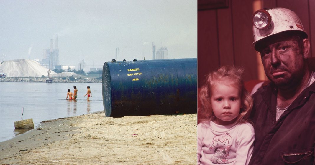 The image is split in two: on the left, children play near an industrial riverbank with a warning tank; on the right, a miner with a soot-covered face sits beside a young girl indoors.