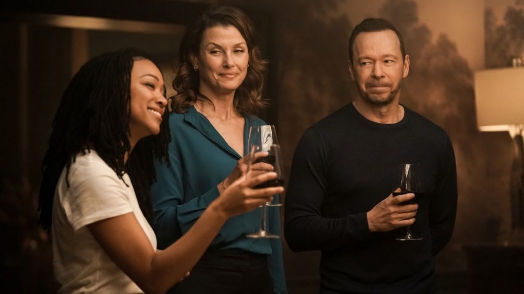 Lena toasting her family with Erin and Danny in Boston Blue Season 1x02