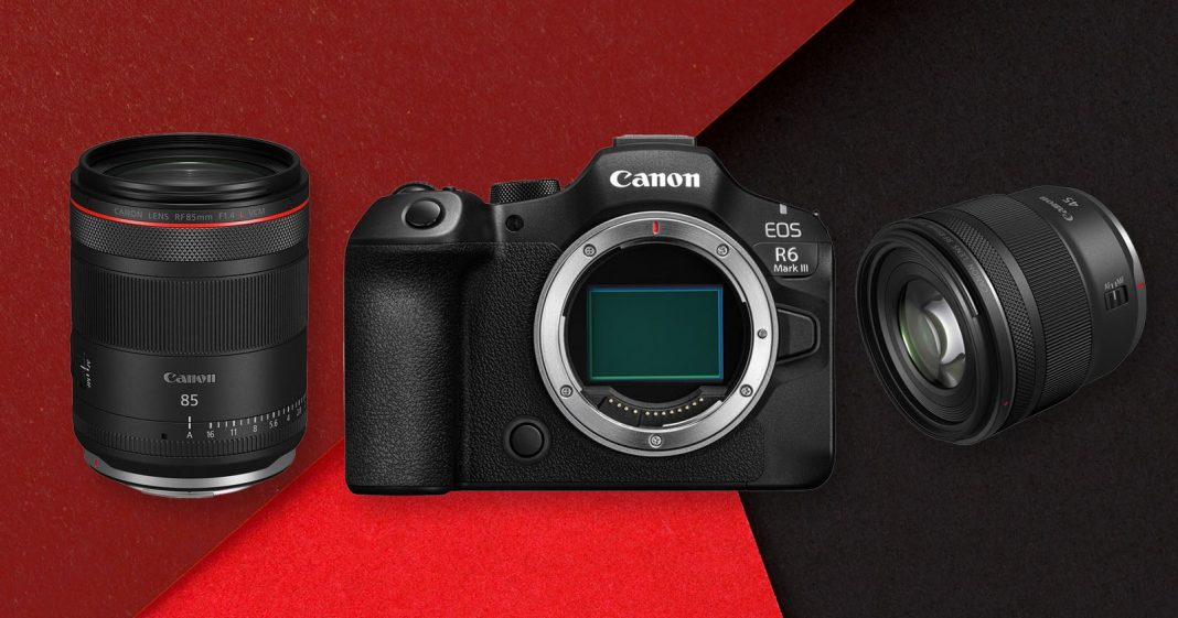 A Canon EOS R6 camera body is displayed between two Canon RF camera lenses, all set against a textured red and black background.