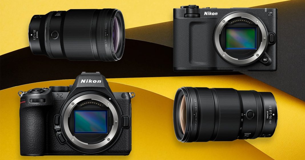 Nikon in 2025: Another Excellent Year for a Resurgent Nikon Four Nikon Z series camera bodies and lenses are displayed on a yellow and black abstract background. Two camera bodies and two interchangeable lenses are arranged diagonally and viewed from different angles.