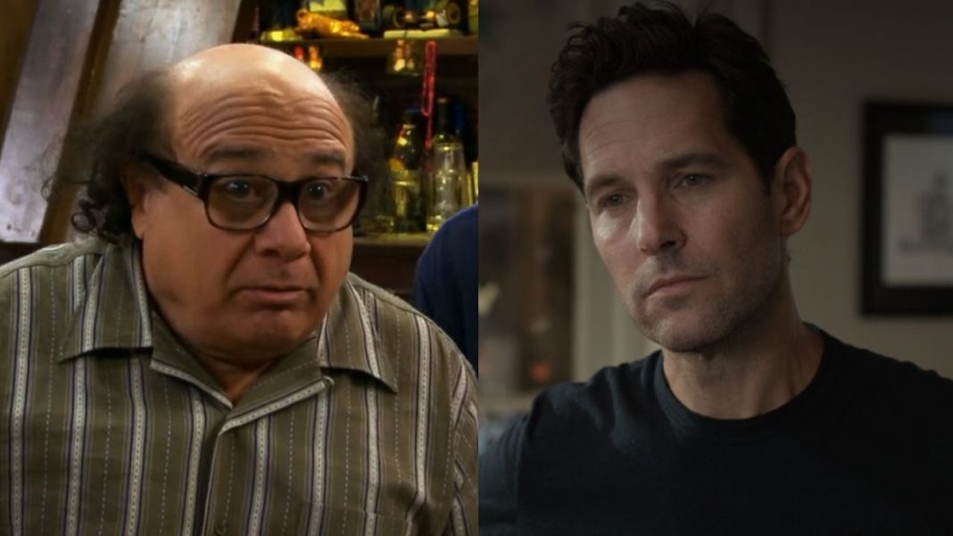 Danny DeVito as Frank Reynolds in It's Always Sunny In Philadelphia, next to Paul Rudd as Scott Lang in Ant Man And The Wasp.