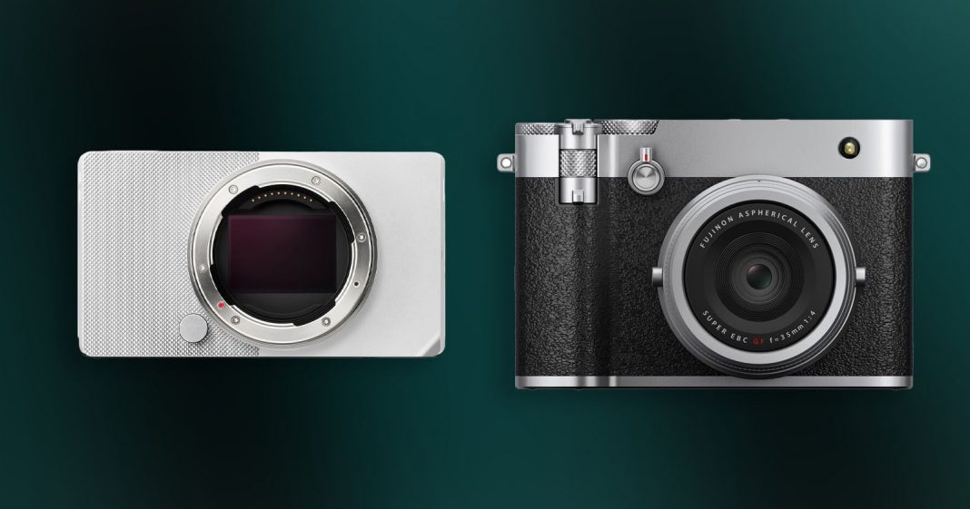2025 Was the Year of the Photographic Experience Two digital cameras are shown side by side on a dark green background: the left camera has no lens and exposes its sensor, while the right camera has a classic design with a mounted lens.