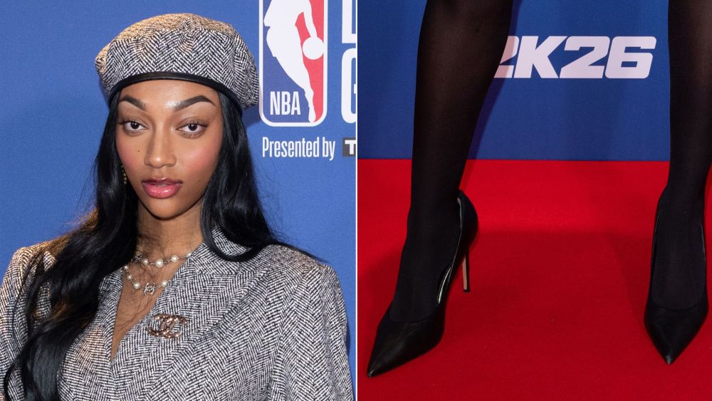 Angel Reese pairs her go-to black leather Gianvito Rossi Gianvito 105 pumps with a Naked Wardrobe micro-short suit set at the NBA London Game 2026 on Sunday.