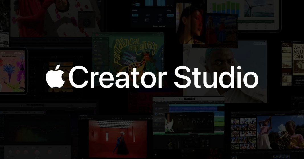 Apple Sees Creator Studio as a Perfect Entry Point for White text reading "Apple Creator Studio" is centered on a dark background featuring a collage of various creative project images, including music, video, and digital artwork thumbnails.