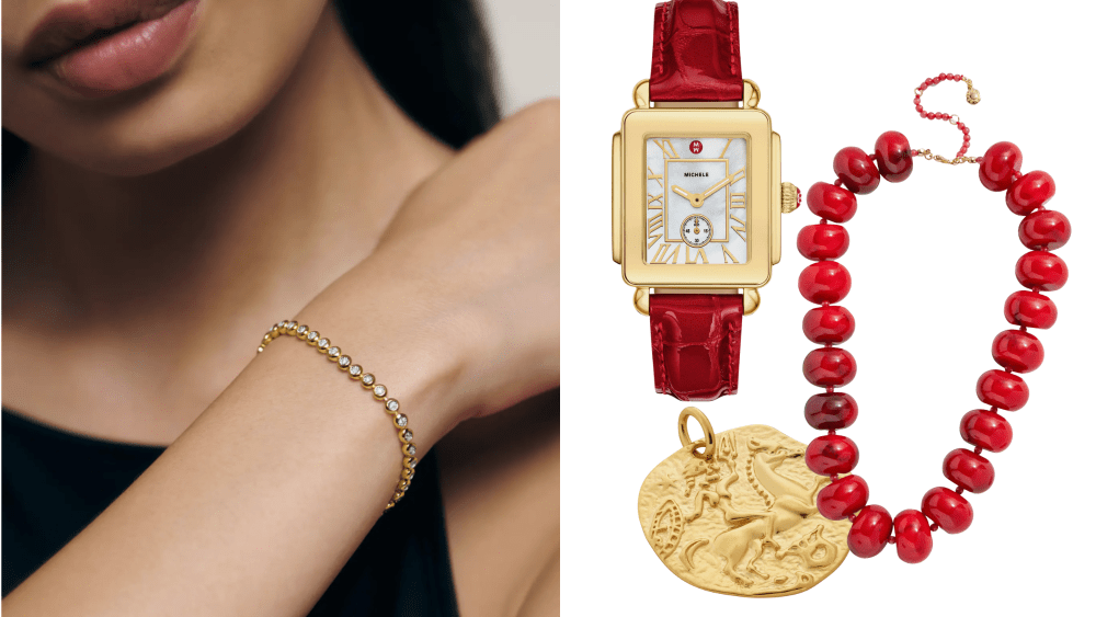 David Yurman, Ana Luisa, More female model showing off a diamond tennis bracelet on her wrist; an assortment of jewelry found online at nordstrom, including watch, beaded necklace, and roman coin charm