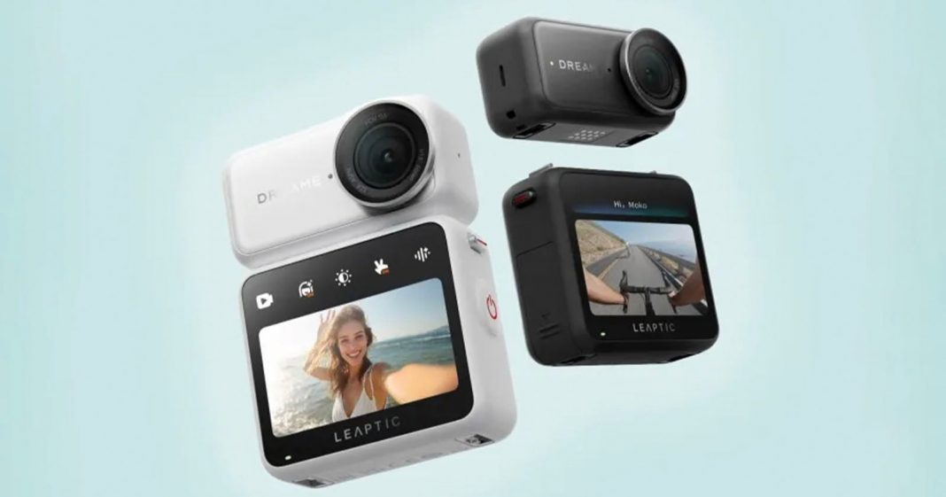 Three compact action cameras are displayed. Two are black, one is white, all with wide lenses. The white camera’s screen shows a woman taking a selfie, while another screen shows a road scene. All are labeled “LEAPTIG.”.