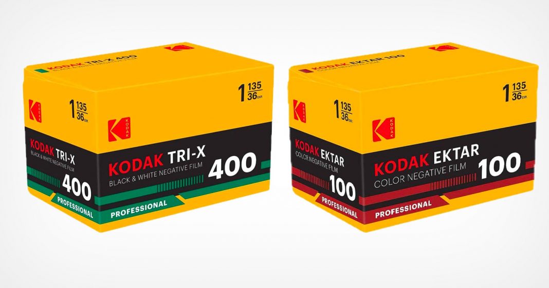 Two Kodak film boxes: one yellow and green labeled "Kodak TRI-X 400" for black & white film, and one yellow and red labeled "Kodak Ektar 100" for color negative film. Both are marked "professional.
