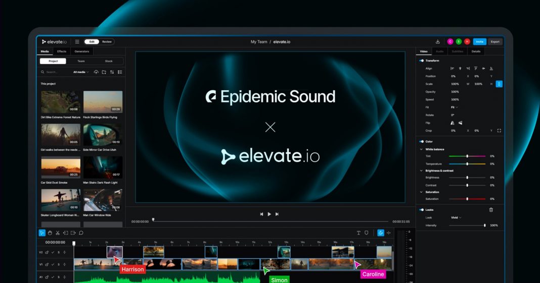 A video editing software interface displays an Epidemic Sound and elevate.io collaboration screen, with clips and soundtracks in the timeline and various editing tools on the sides.