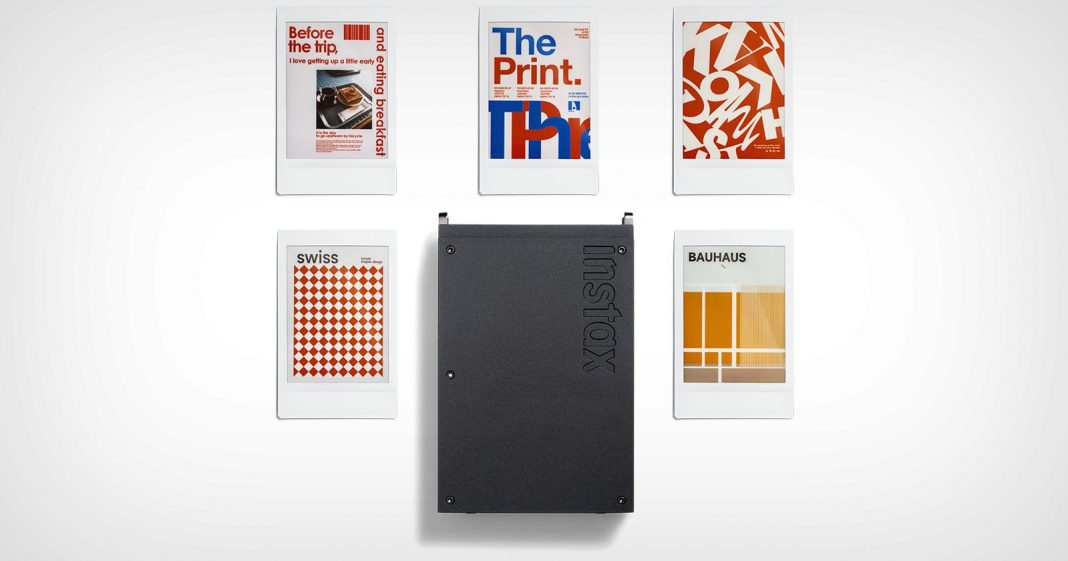 Fujifilm's Instax Mini Link+ Smartphone Printer Looks All Grown Up A black Instax camera sits at the center, surrounded by five instant photos with modern, graphic design posters labeled “Before the Flip,” “The Print,” “Swiss,” and “Bauhaus” on a white background.