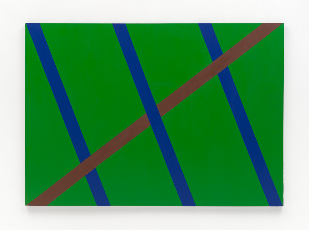 A green-toned abstract paintings with three diagonal blue lines with a brown diagonal line weaving through them.