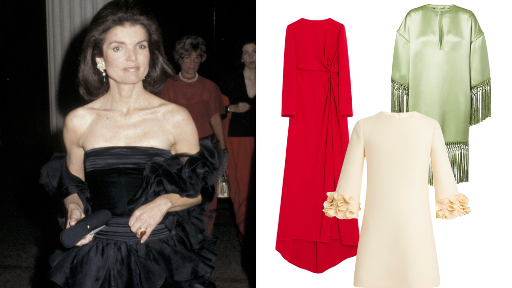 jackie kennedy in a black valentino dress circa 1979; three distinct valentino dresses, in red, cream, and light green, over a white background