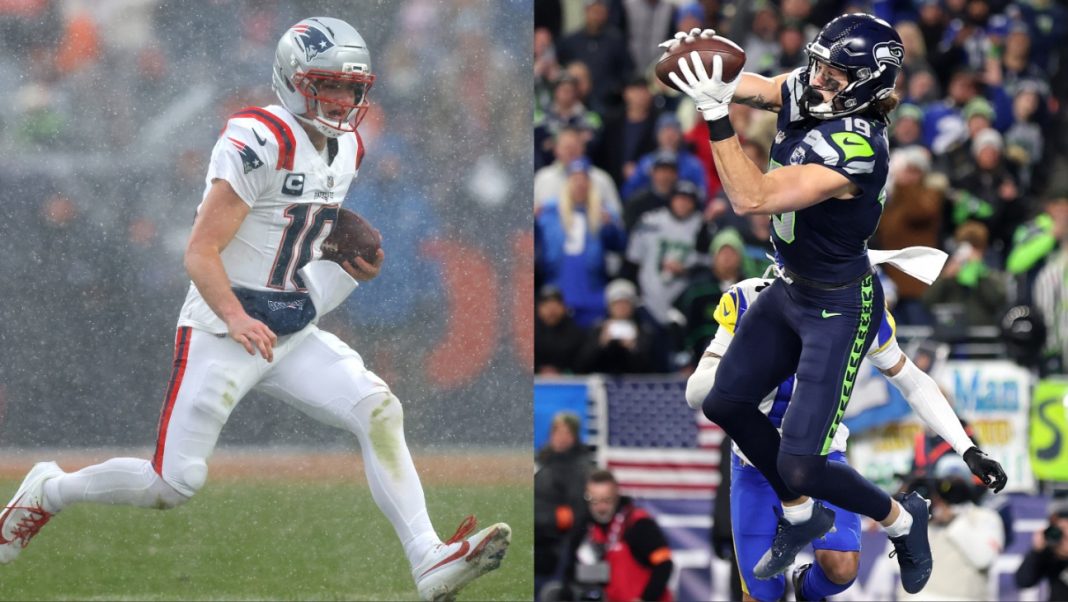Seattle Seahawks, New England Patriots to Play Drake Maye of the New England Patriots (left) and Jake Bobo of the Seattle Seahawks.