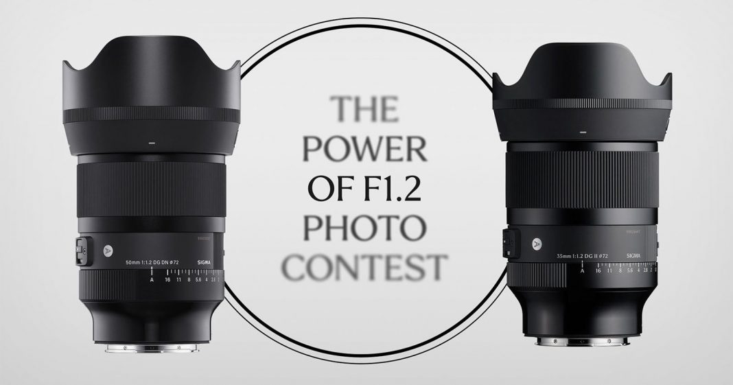 Two camera lenses face each other on either side of a circular graphic with the text "The Power of F1.2 Photo Contest" in the center. The background is light gray.