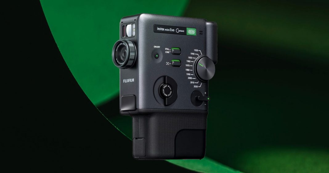 The Instax Mini Evo Cinema Combines Retro-Inspired Video with Instant A black Fujifilm Instax Mini 99 instant camera is displayed against a green and black abstract background, showing its buttons, dials, and lens on the front and side.