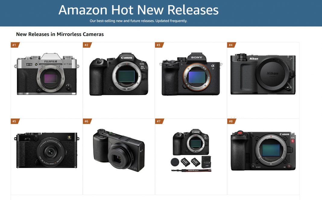 These Newly Released Cameras Are Already Amazon Best-Sellers Eight new mirrorless cameras from brands like Fujifilm, Canon, Sony, and Nikon displayed in a grid.