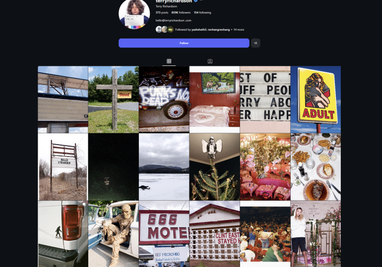 A grid of eclectic photos on an Instagram profile page with a profile picture and account details at the top.