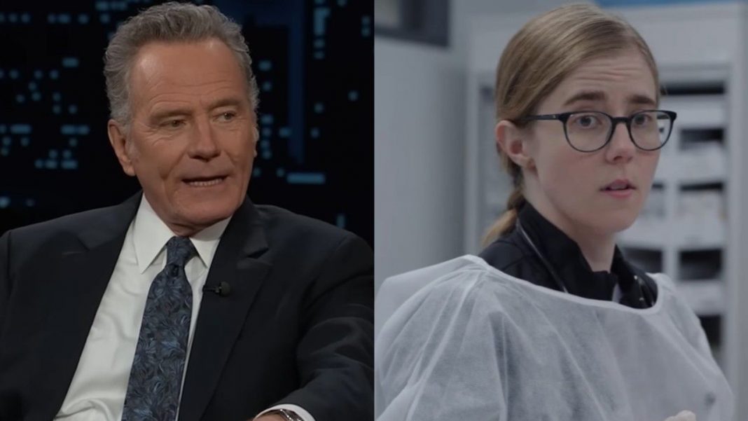 From left to right: Bryan Cranston on Jimmy Kimmel Live and Taylor Dearden on The Pitt. 