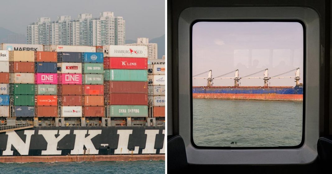 photographer captures ships passing by on his ferry ride home