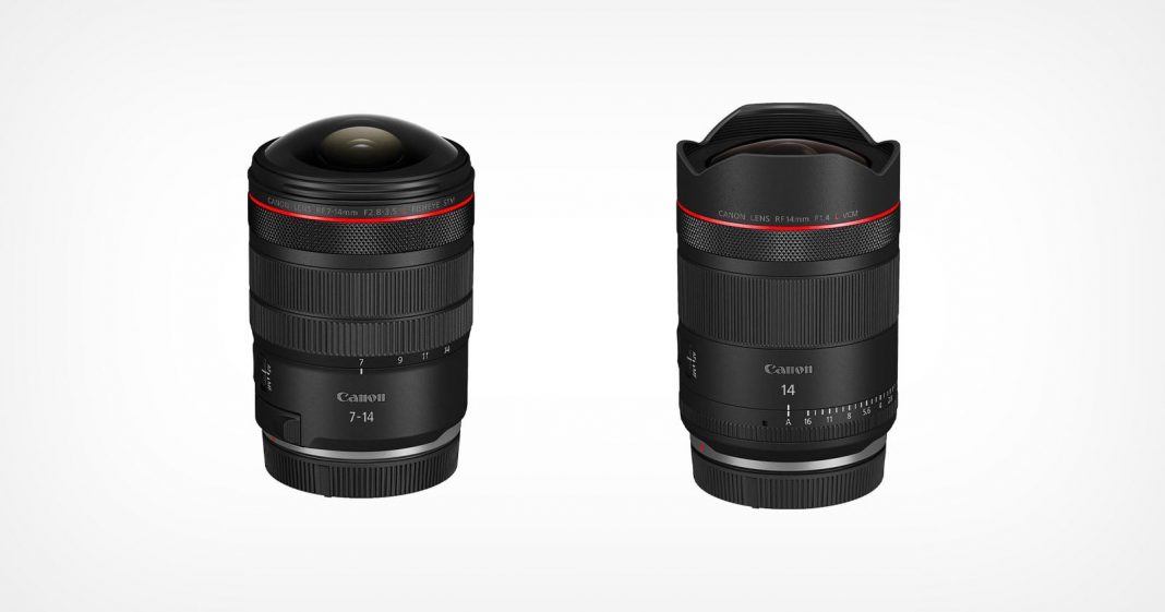 Two Canon camera lenses are shown upright side by side on a white background. Both lenses have a black body with red rings near the top, and white text displaying technical details.