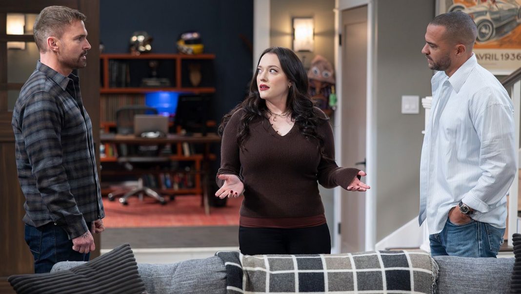 Is Shifting Gears Getting Cancelled? Why I Am Hopeful For Kat Dennings looks confused in a sweater while talking to Seann William Scott and Jesse Williams in button downs in the Shifting Gears finale.