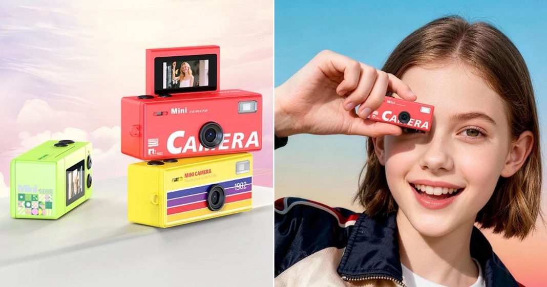 Split image: the left side shows three colorful toy cameras stacked together, one displaying a small photo. On the right, a smiling girl holds a red toy camera up to her eye as if taking a picture.
