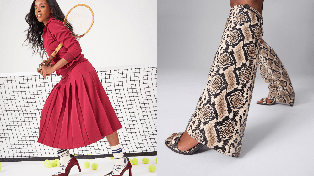 June Ambrose posing for campaign with naturalizer, wearing the collection's new heels while playing tennis; Nova-Shaft boot from naturalizer, swathed in a snakeskin print