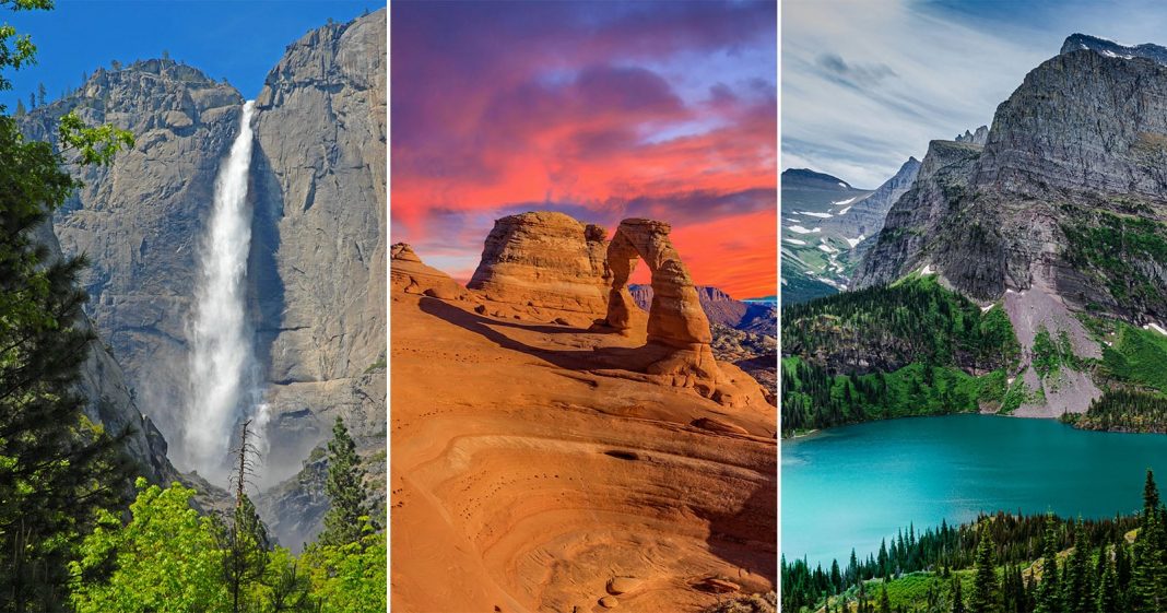 Reservations No Longer Needed at Three of America's Most Popular Three scenic landscapes: a tall waterfall flowing down a rocky cliff with green trees, a desert arch formation at sunset with vibrant skies, and a turquoise alpine lake surrounded by mountains and pine trees.