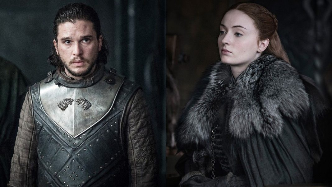 Sophie Turner And Kit Harington Kissing In Their New Movie From left to right: Kit Harington in Game of Thrones looking forward and Sophie Turner in Game of Thrones looking to her left.