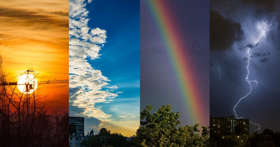 Window Photography: A View From My Eastern Window A split image shows four weather scenes: a sunset with an orange sky, blue sky with clouds, a rainbow over trees, and a nighttime thunderstorm with lightning above buildings.