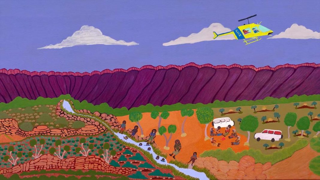 Painting of a landscape with a helicopter, purple mountains, people near a stream and vehicles by trees under a blue sky.
