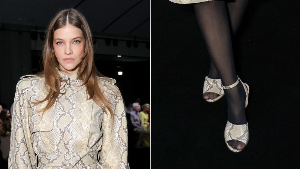 Barbarba Palvin in head-to-toe python print Elie Saab — including her peep-toe sandals — at the label's fall 2026 show in Paris on Saturday.