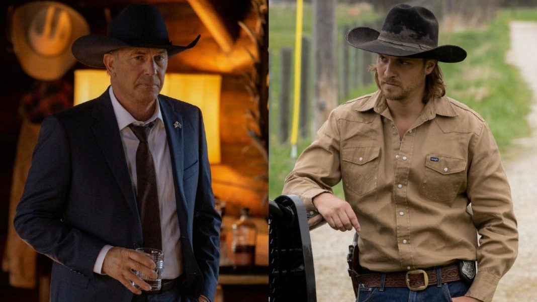 From left to right: Kevin Costner as John Dutton standing with a drink in his left hand and Luke Grimes as Kayce Dutton leaning his left arm against a truck.