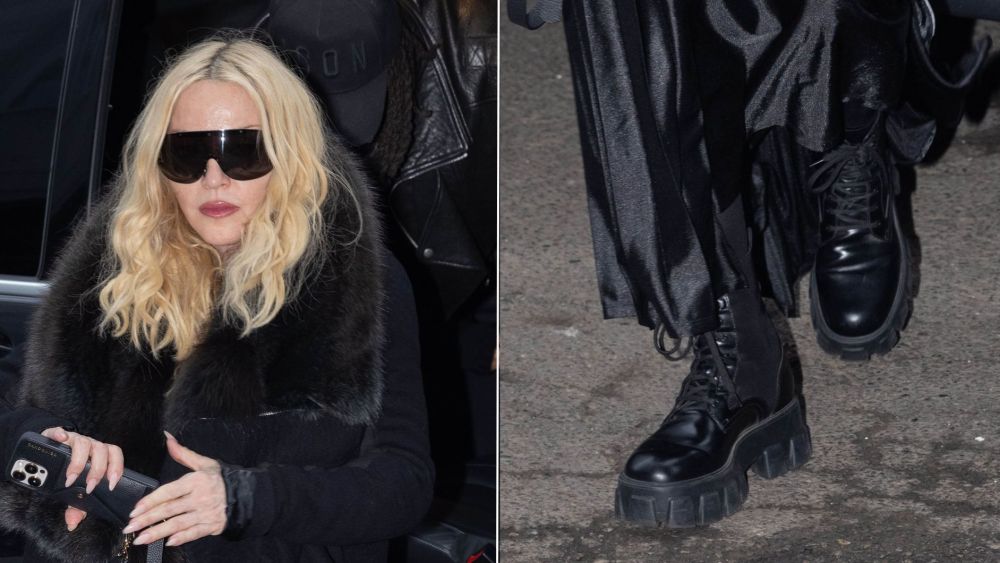 Madonna Goes All Black With Prada Monolith Lug Boots in Milan