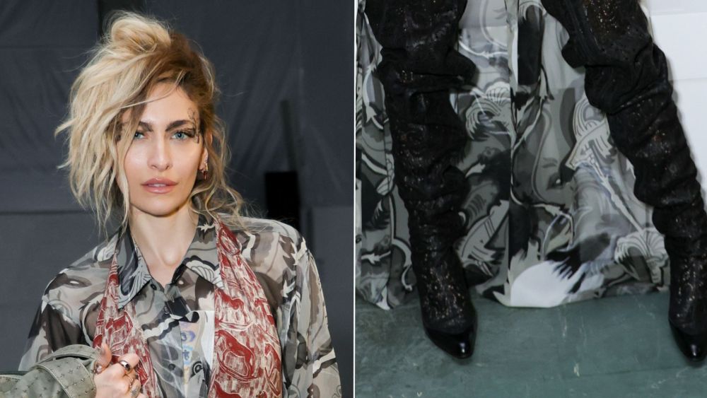 Paris Jackson wearing textured slouchy boots at the Vivienne Westwood fall 2026 show during Paris Fashion Week on Saturday, March 7.