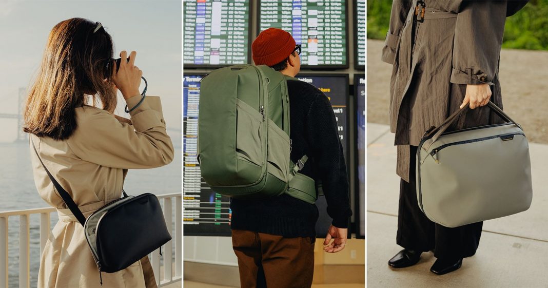 A collage of three people using different travel bags: one person with a crossbody bag taking a photo by the water, another with a large backpack checking an airport departures board, and a third holding a briefcase-style bag outdoors.