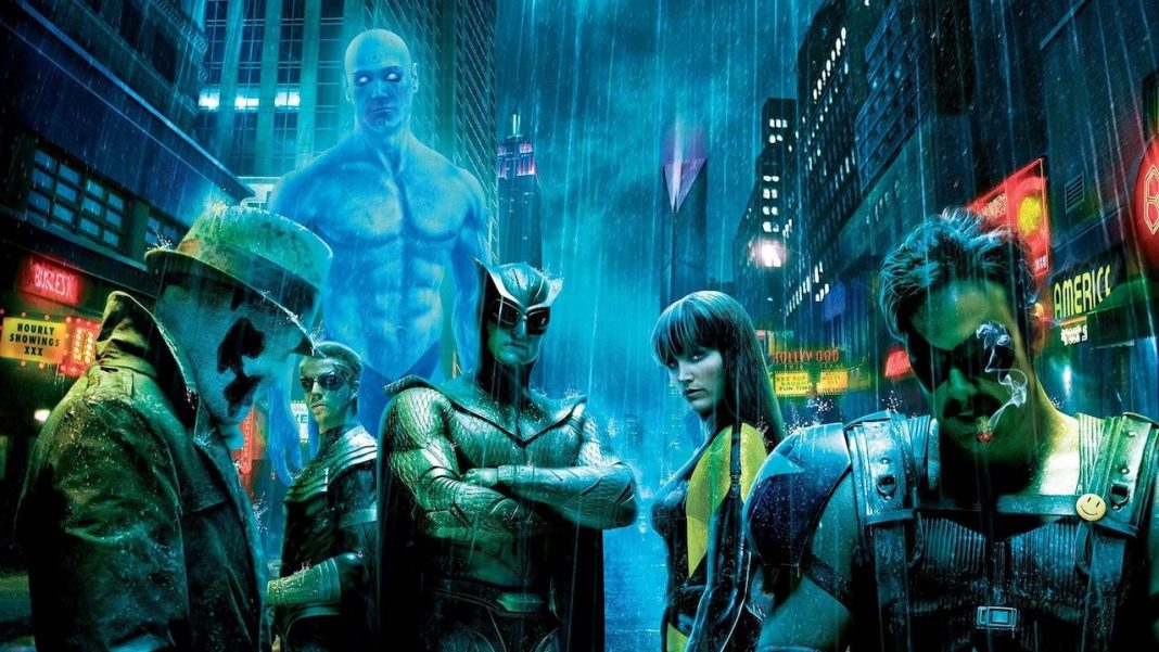 Rorschach, Ozymandias, Doctor Manhattan, Nite Owl II, Silk Spectre II and The Comedian on the Watchmen movie poster