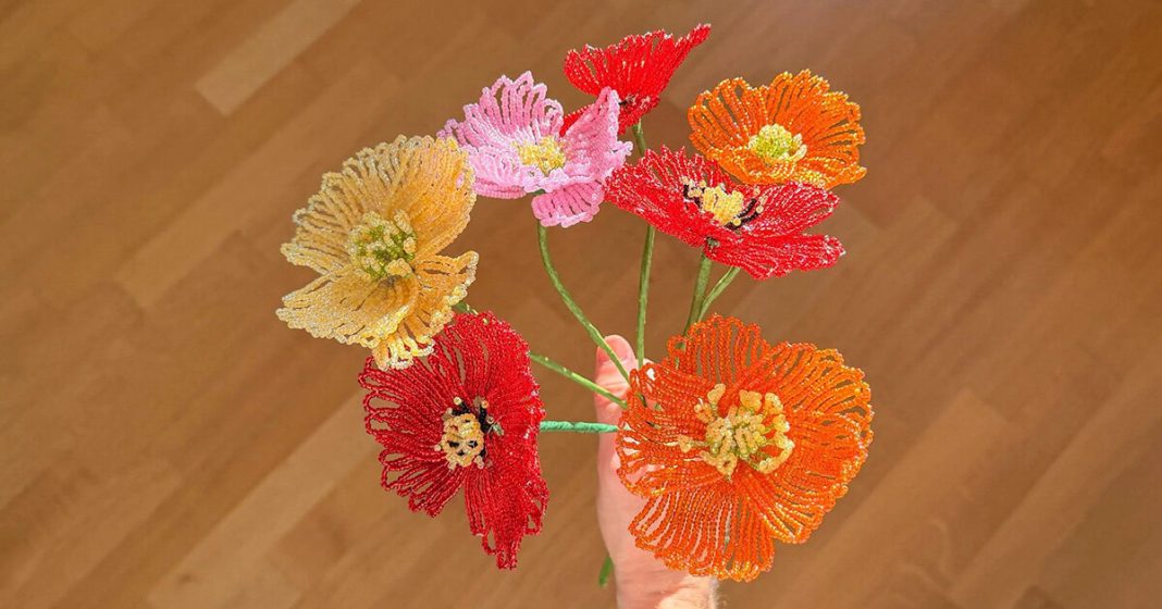 glass beads form blossoms that never wilt in henri purnell's sculptures