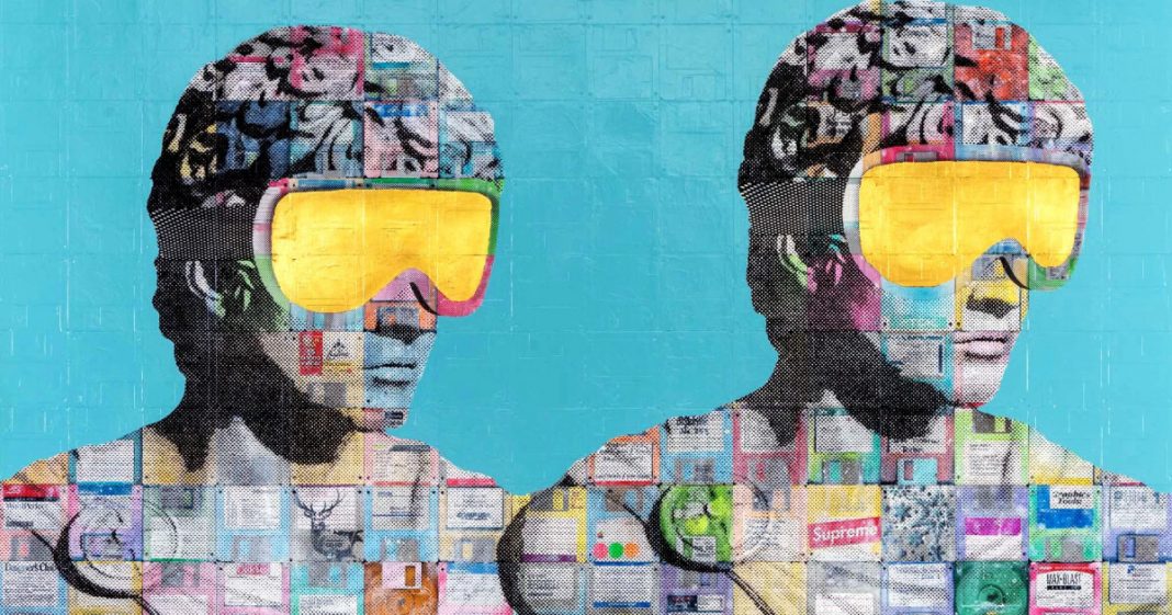 recycled computer floppy disks return as portrait paintings